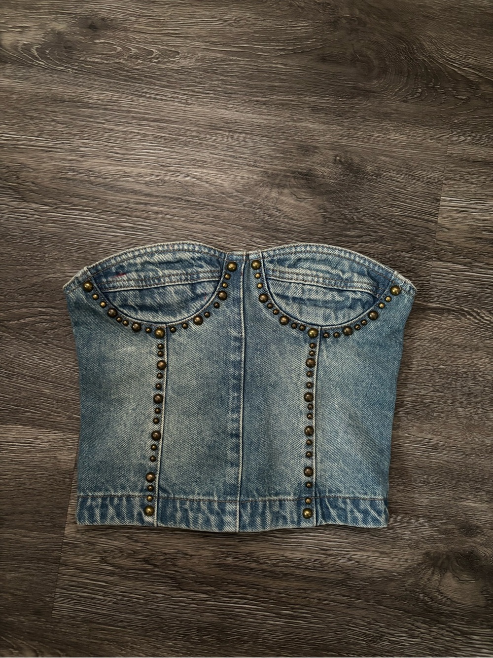 Edikted Blue Denim Studded Strapless Bustier